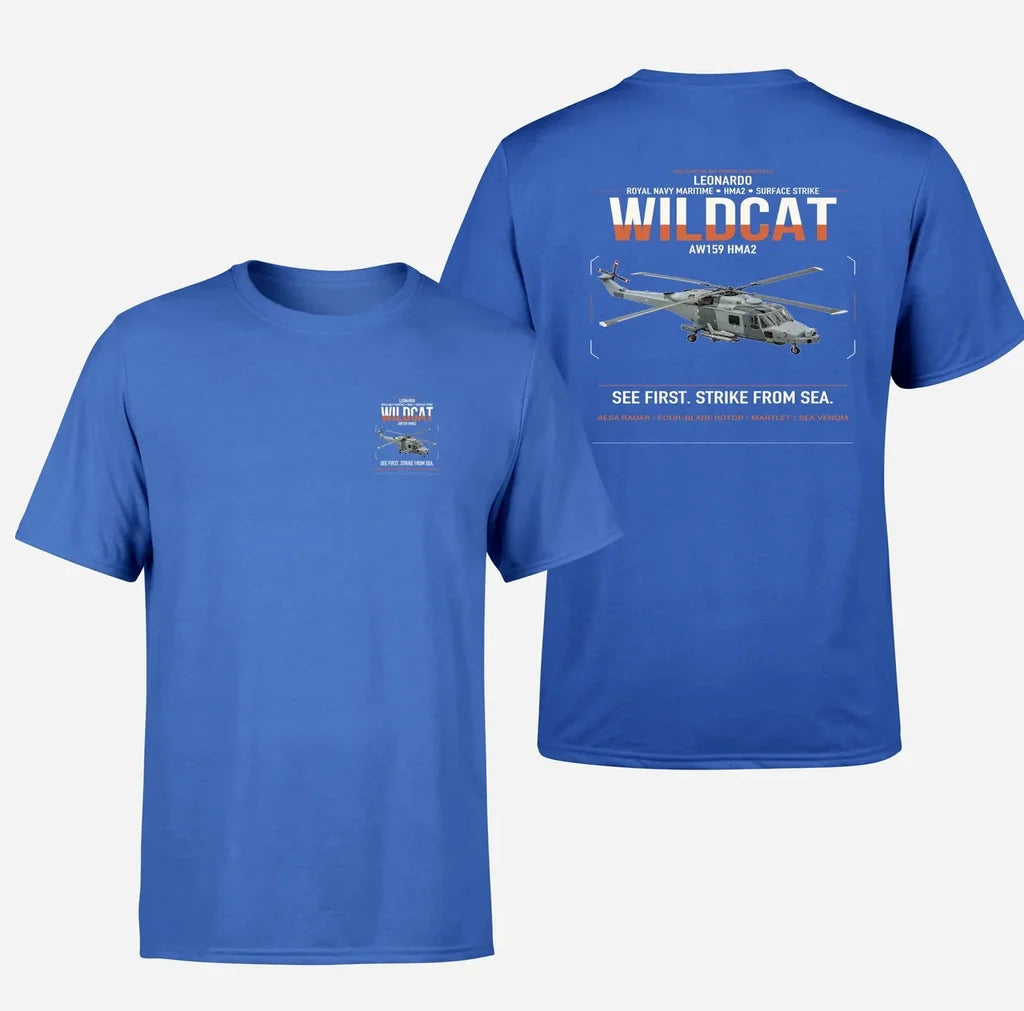 Leonardo AW159 Wildcat HMA2 design on blue t-shirt, double-side print
