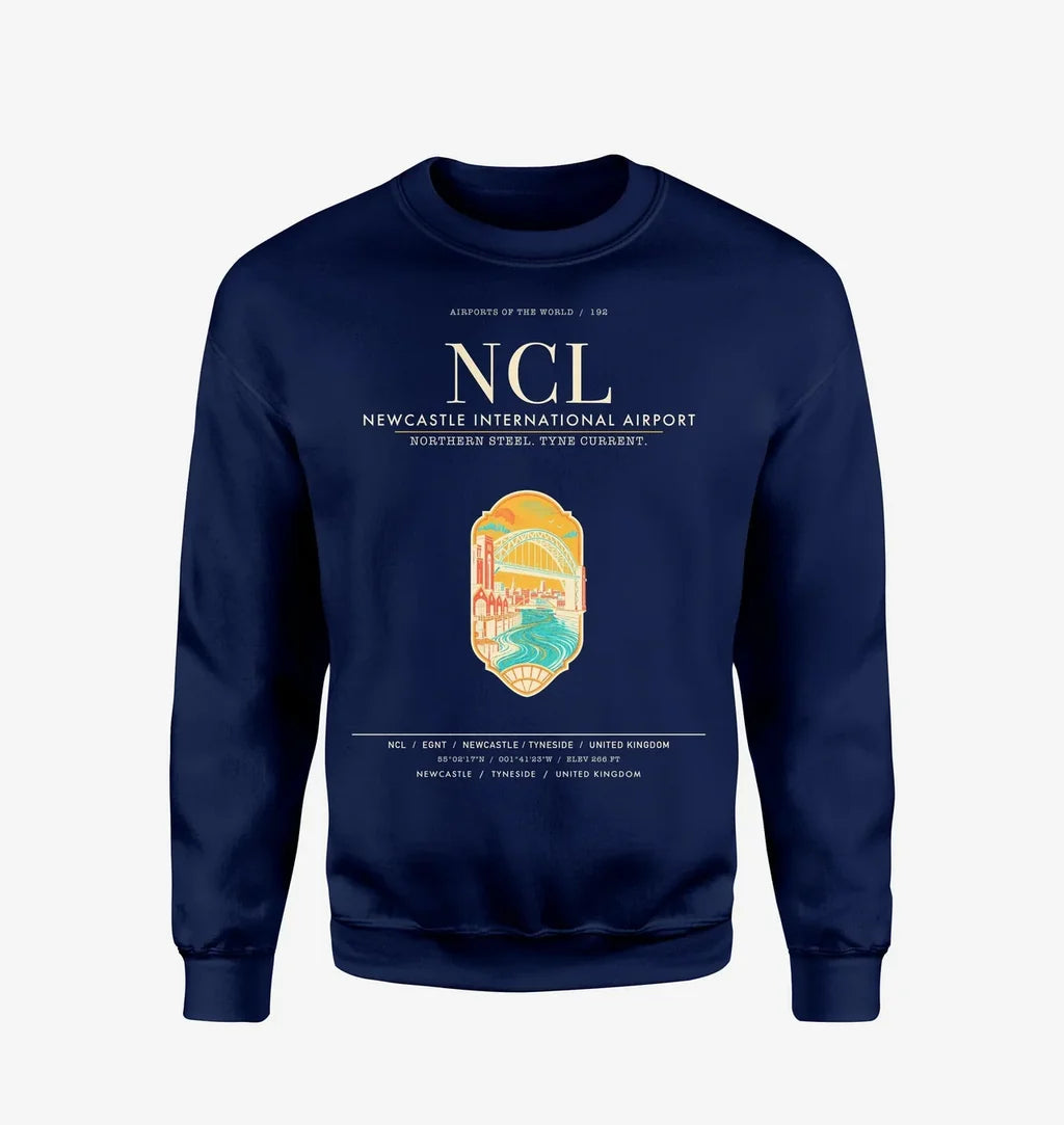 Newcastle International Airport (NCL) design on navy blue sweatshirt