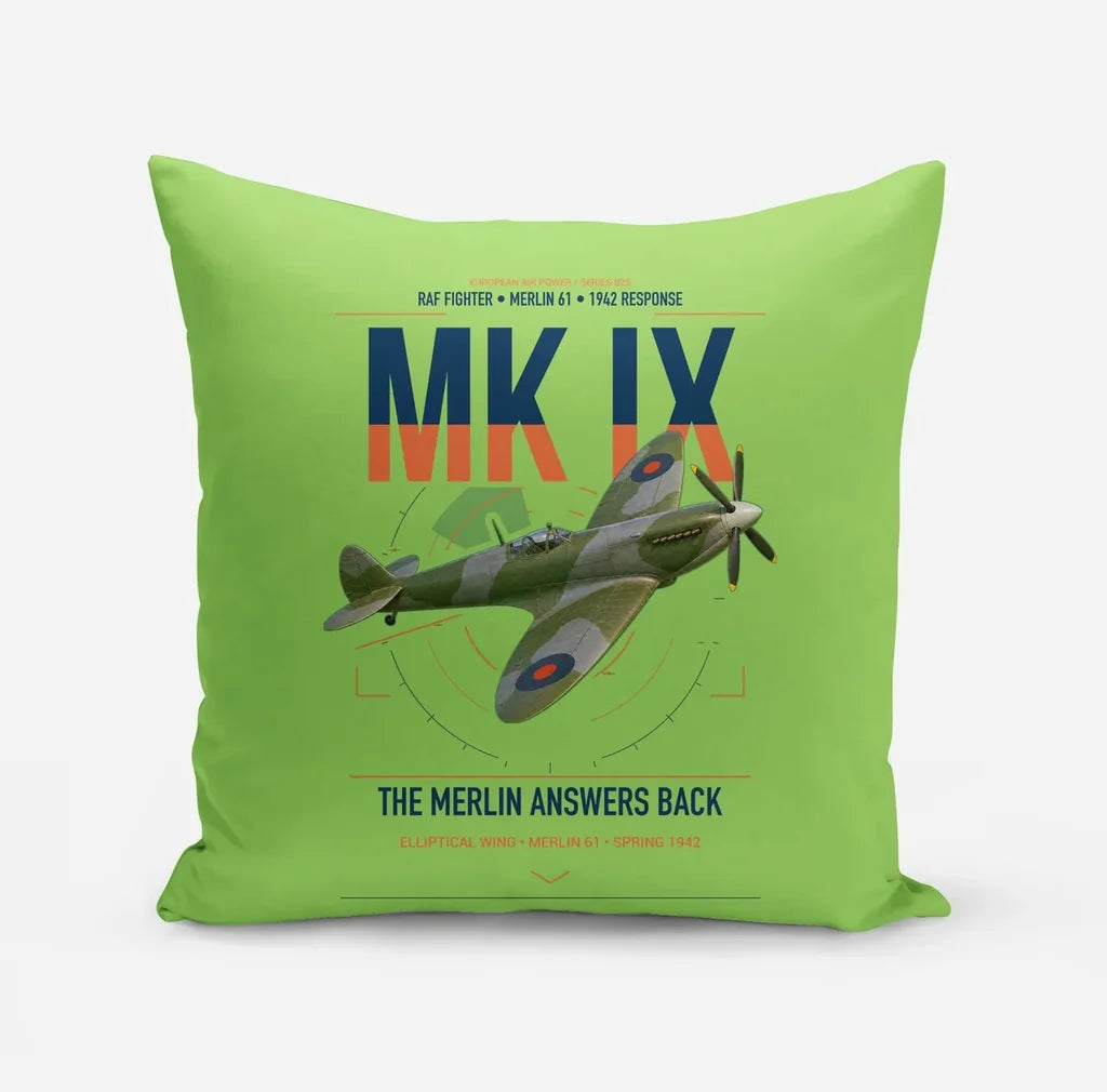 Supermarine Spitfire Mk IX design on light green pillow