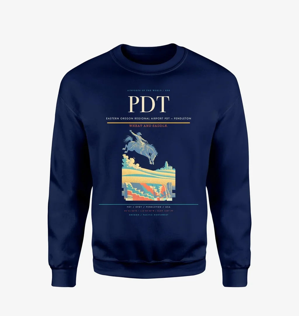 Eastern Oregon Regional Airport (PDT) design on navy blue sweatshirt
