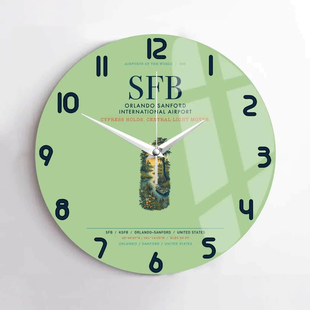 Orlando Sanford International Airport (SFB) design on light green no frame wall clock