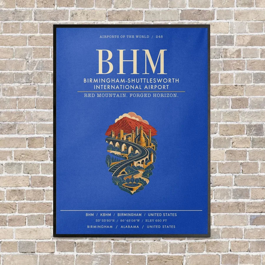 Birmingham-Shuttlesworth International Airport BHM vertical canvas print - framed - blue background