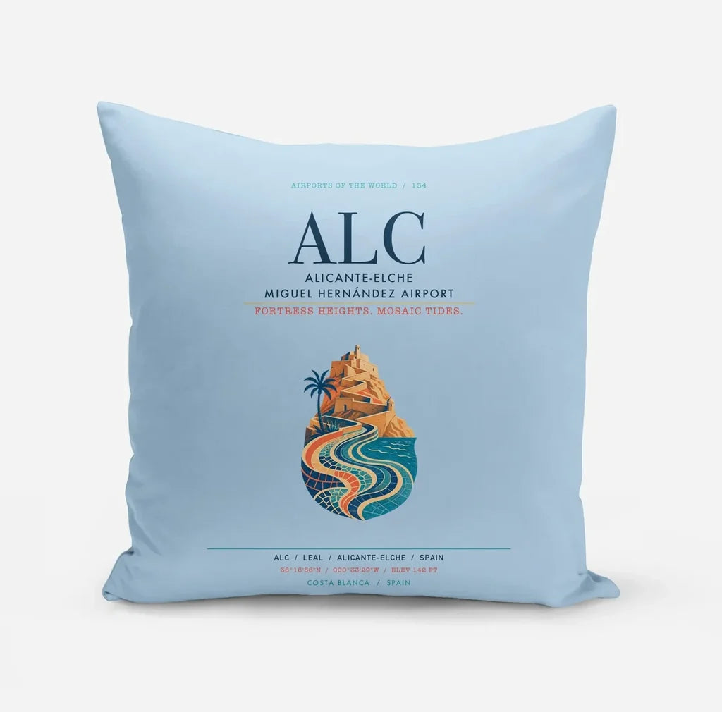 Alicante-Elche Miguel Hernandez Airport (ALC) design on light blue pillow