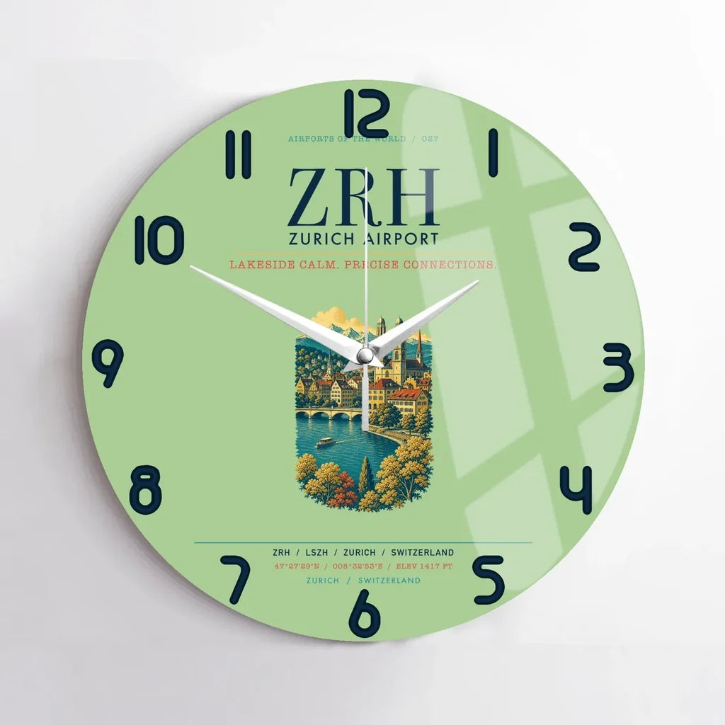 Zurich Airport (ZRH) design on light green no frame wall clock