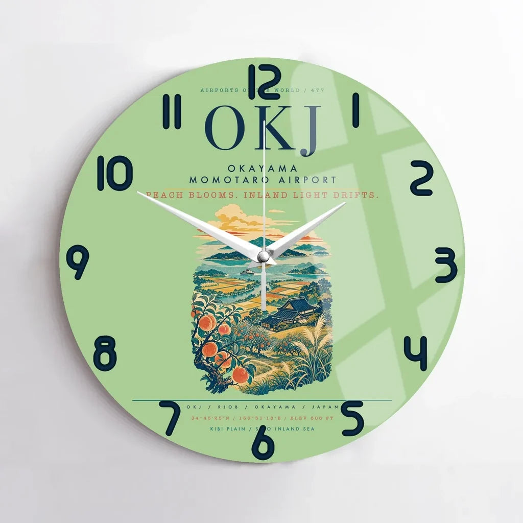 Okayama Momotaro Airport (OKJ) design on light green no frame wall clock