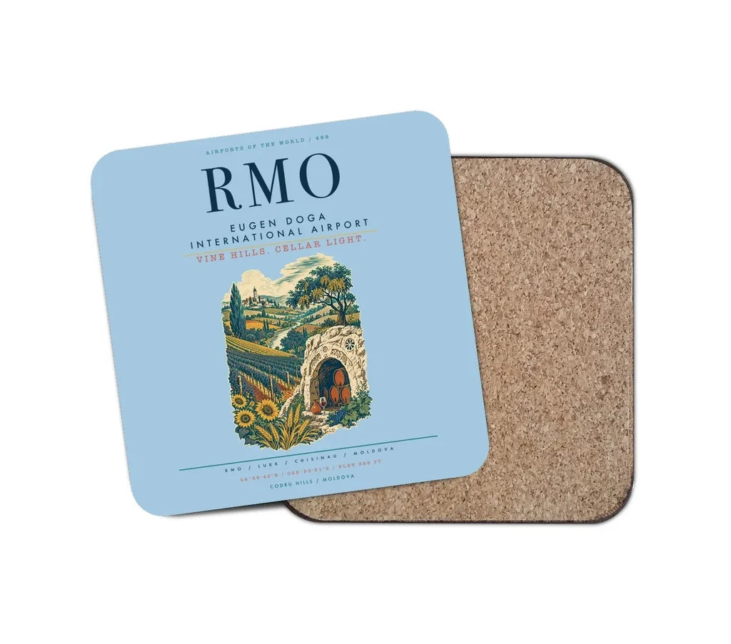 Chisinau Eugen Doga International Airport (RMO) design on light blue 1 piece coaster