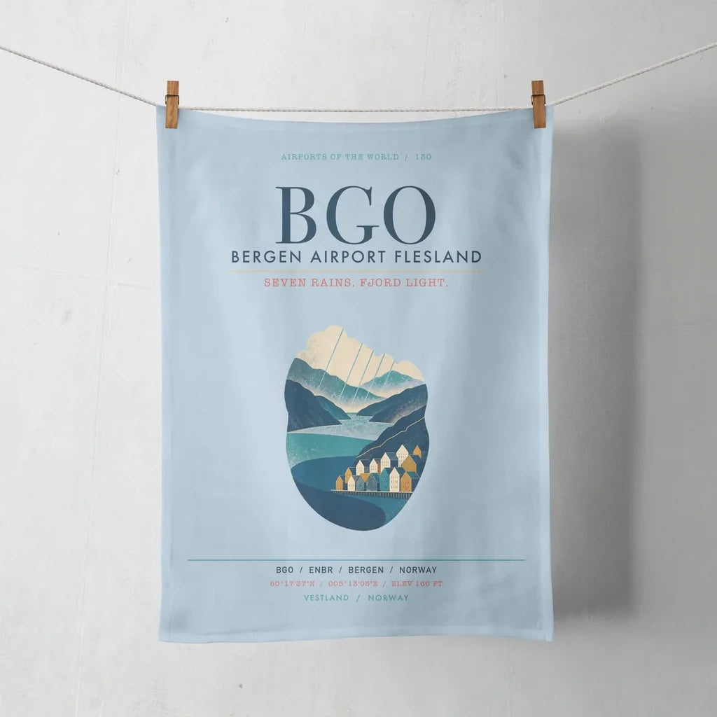 Bergen Airport Flesland (BGO) design on light blue towel