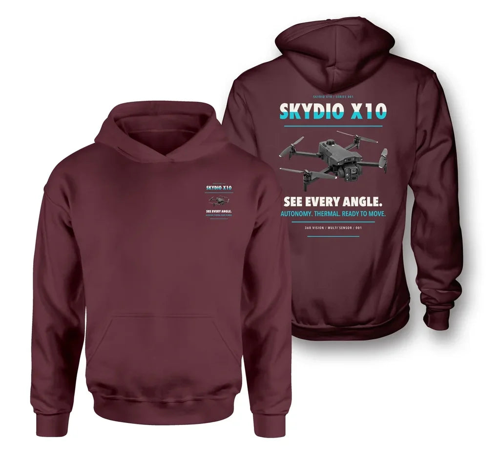 Skydio X10 design on dark red hoodie