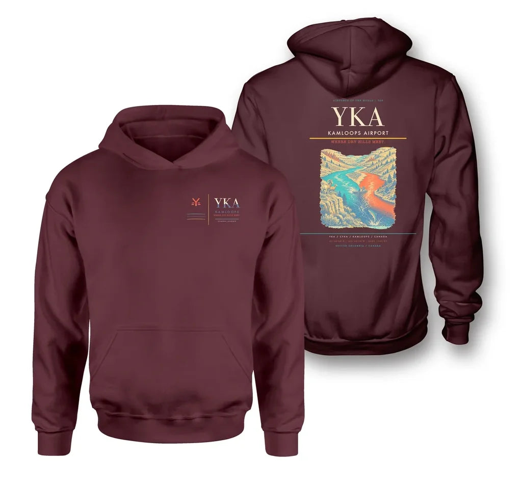 Kamloops Airport (YKA) design on dark red double-side hoodie
