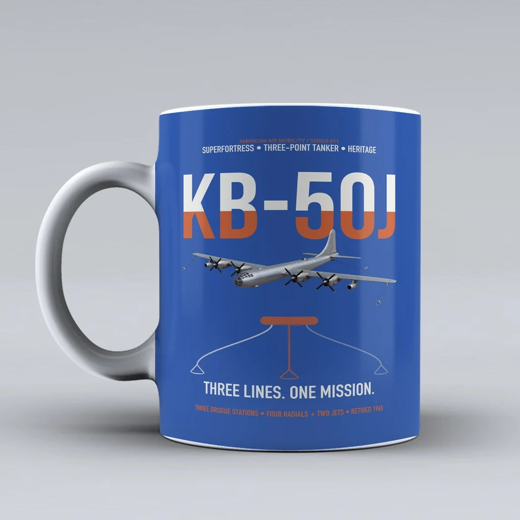 KB-50J Superfortress design on blue ceramic mug, double-side print