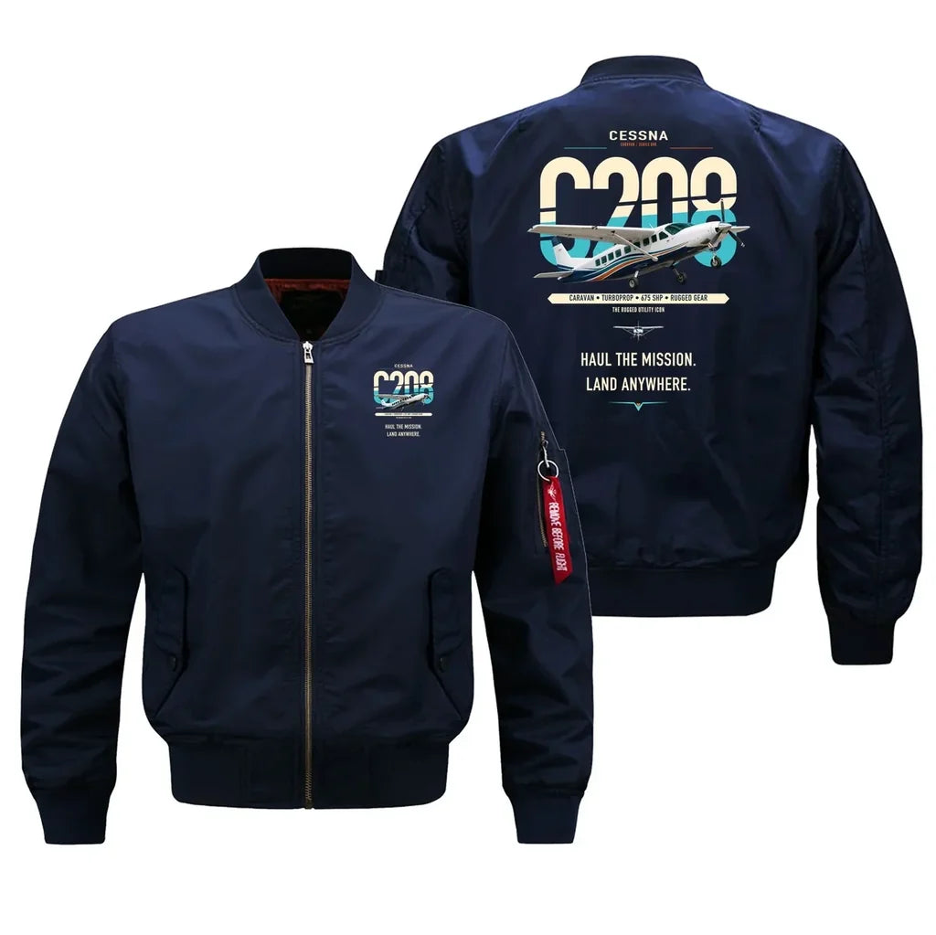 Cessna 208 Caravan design on blue bomber jacket, double-side print
