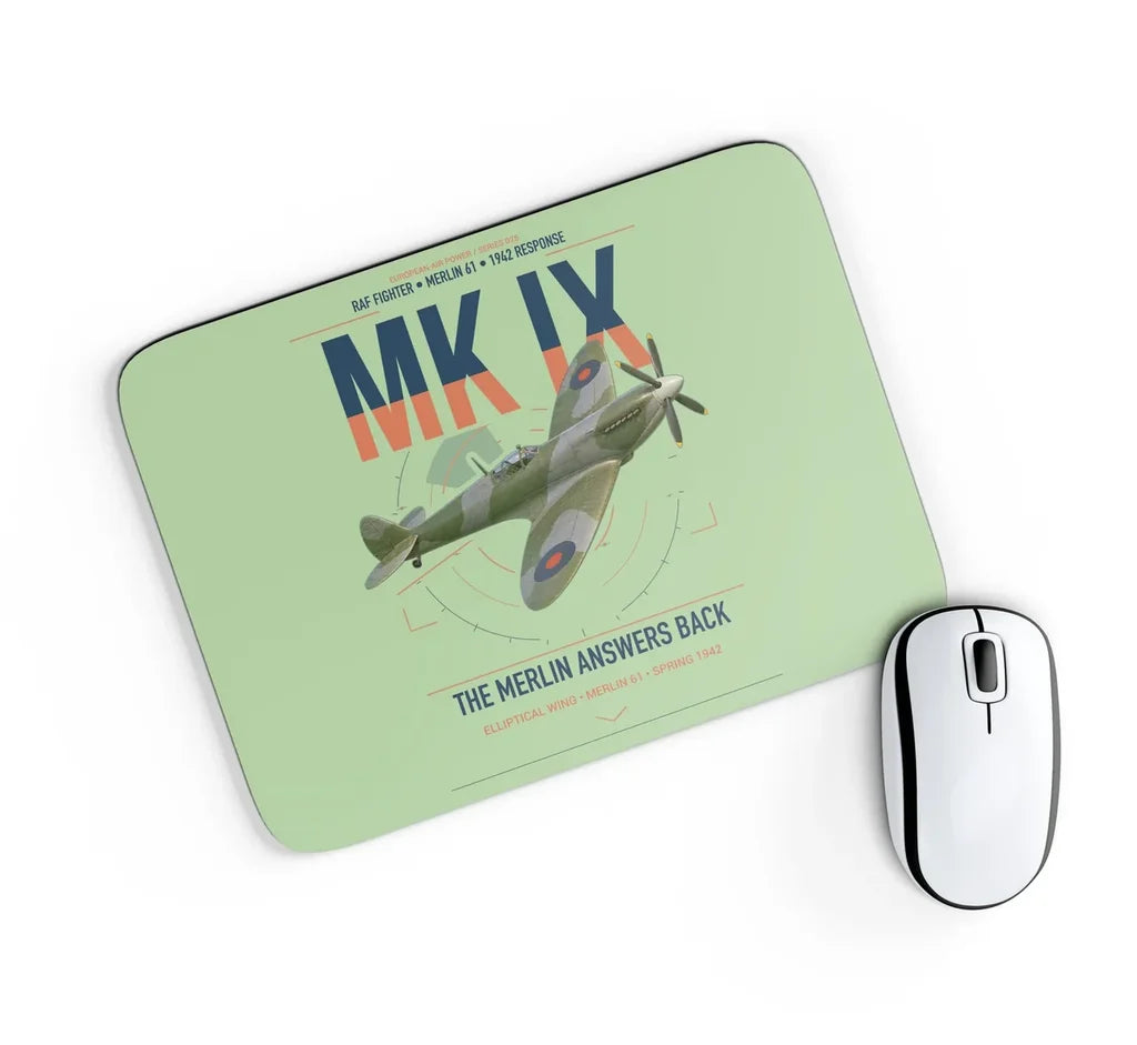 Supermarine Spitfire Mk IX design on light green rectangle mouse pad