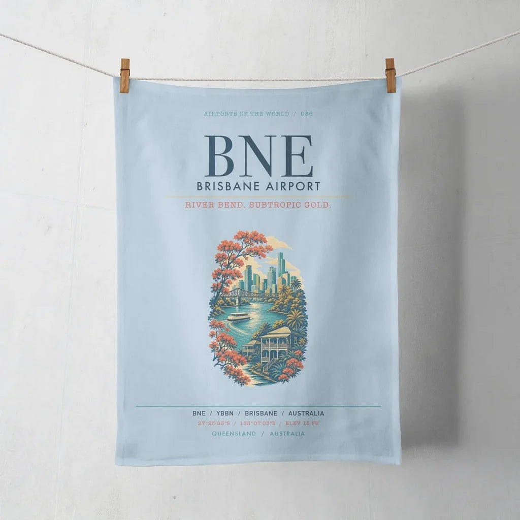 Brisbane Airport (BNE) design on light blue towel