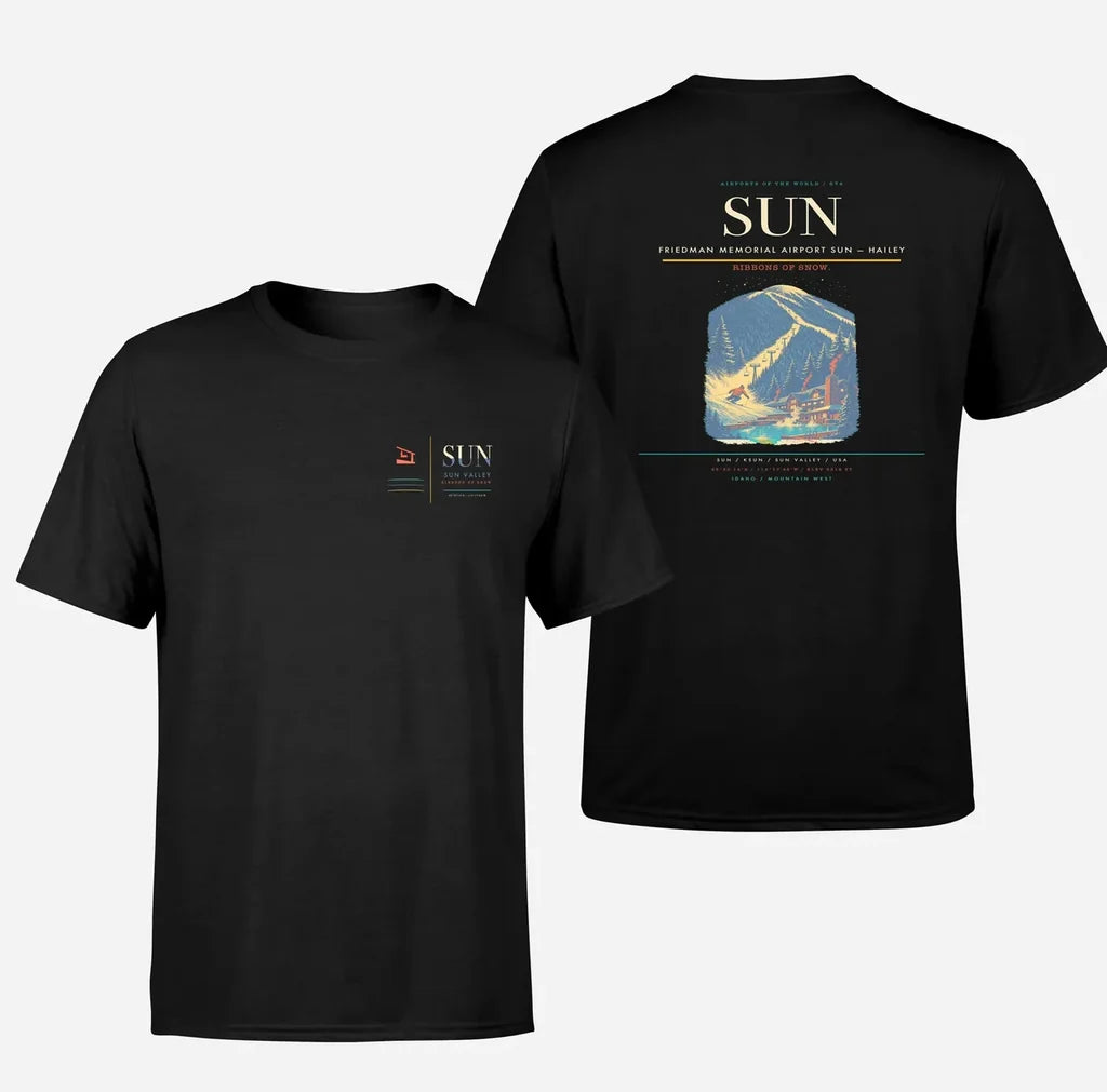Friedman Memorial Airport (SUN) design printed on black double-side t-shirt