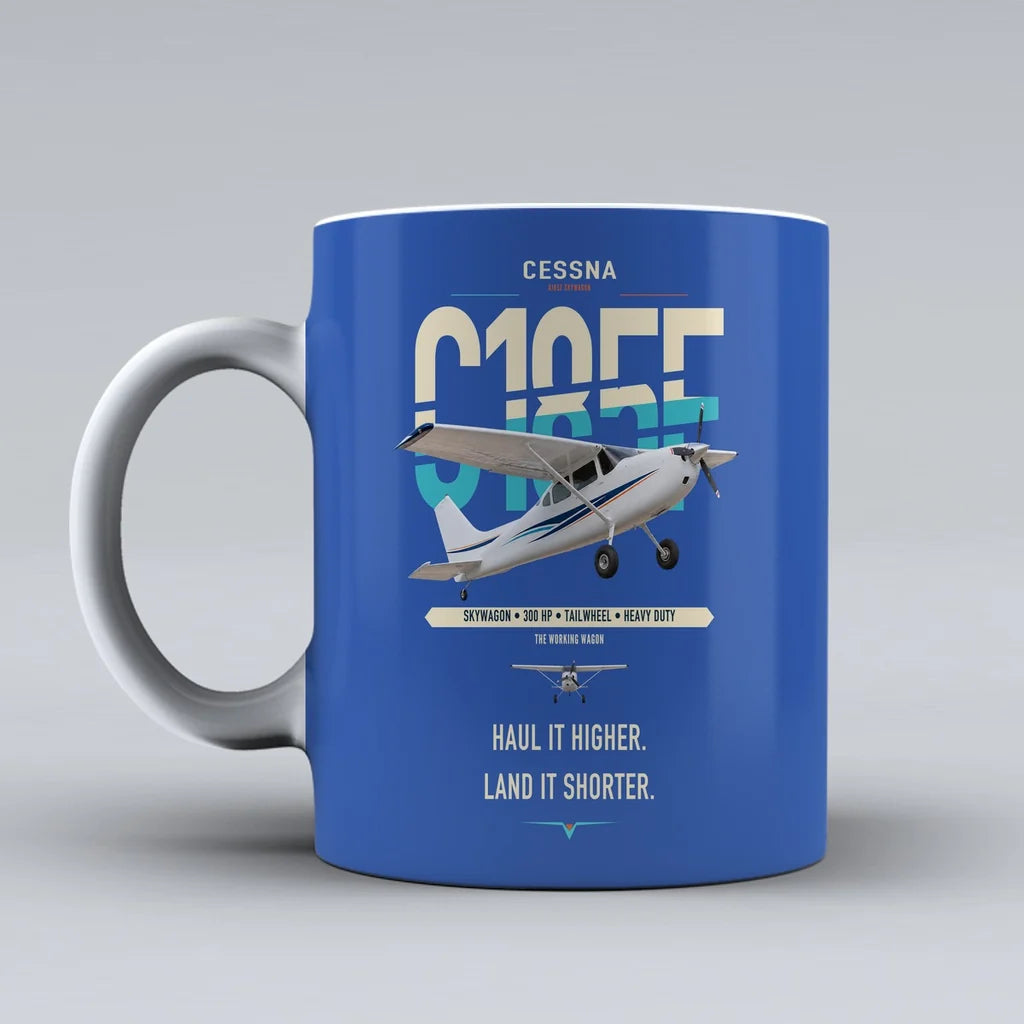 Cessna A185F Skywagon design on blue ceramic mug, double-side print