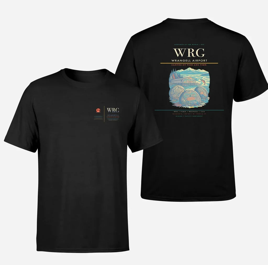 Wrangell Airport (WRG) design printed on black double-side t-shirt