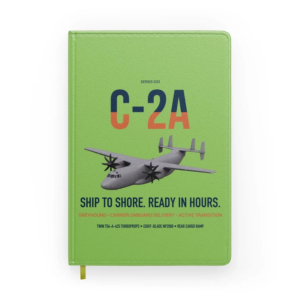 C-2A Greyhound design on light green notebook