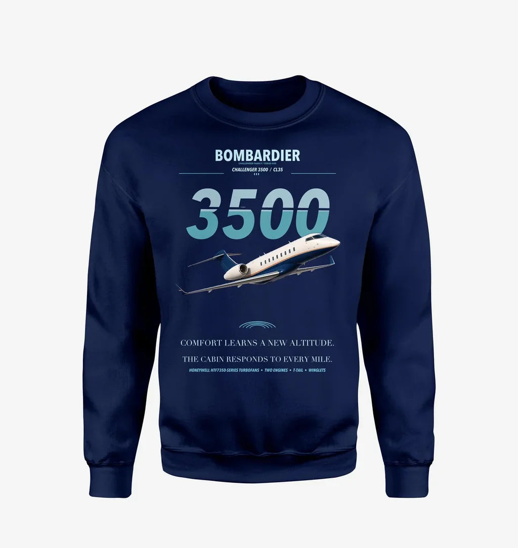 Bombardier Challenger 3500 design on navy blue sweatshirt