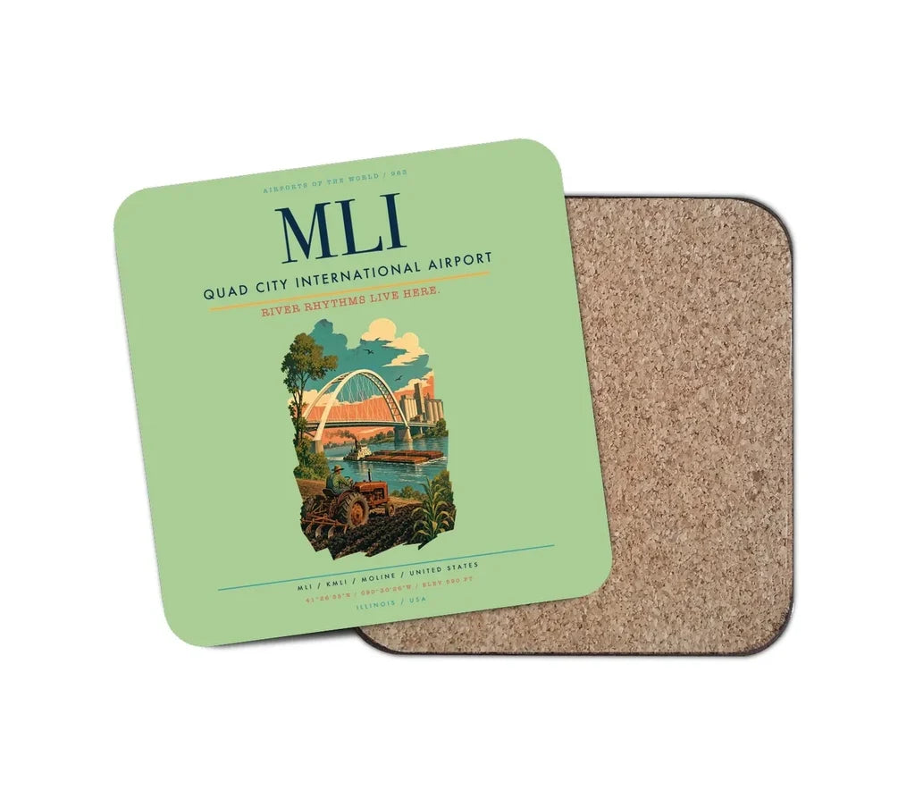 Quad City International Airport (MLI) design on light green 1 piece coaster