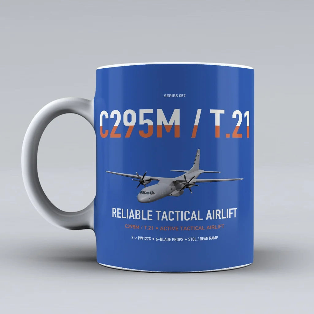 Airbus C295M T.21 design on blue ceramic mug, double-side print