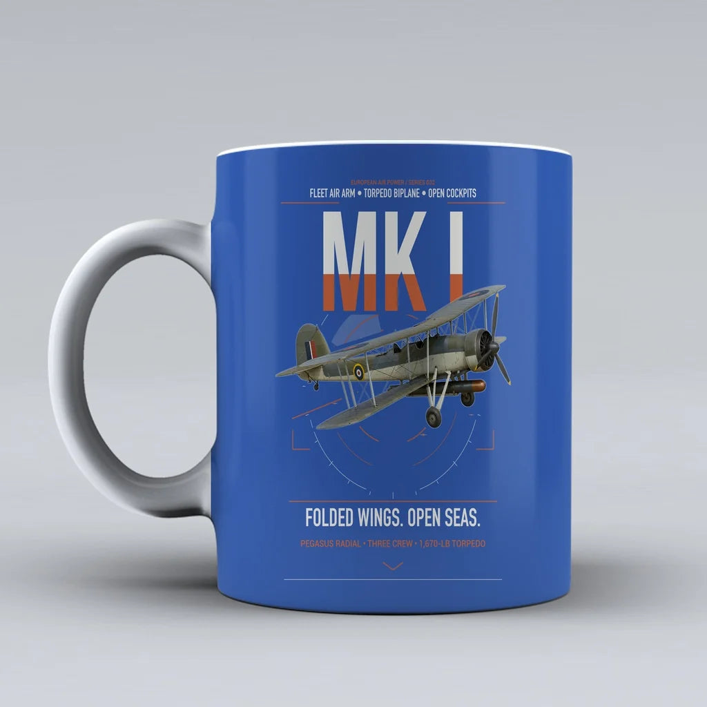 Fairey Swordfish Mk I design on blue ceramic mug, double-side print