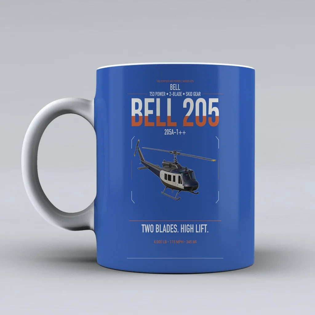 Bell 205A-1++ design on blue ceramic mug, double-side print