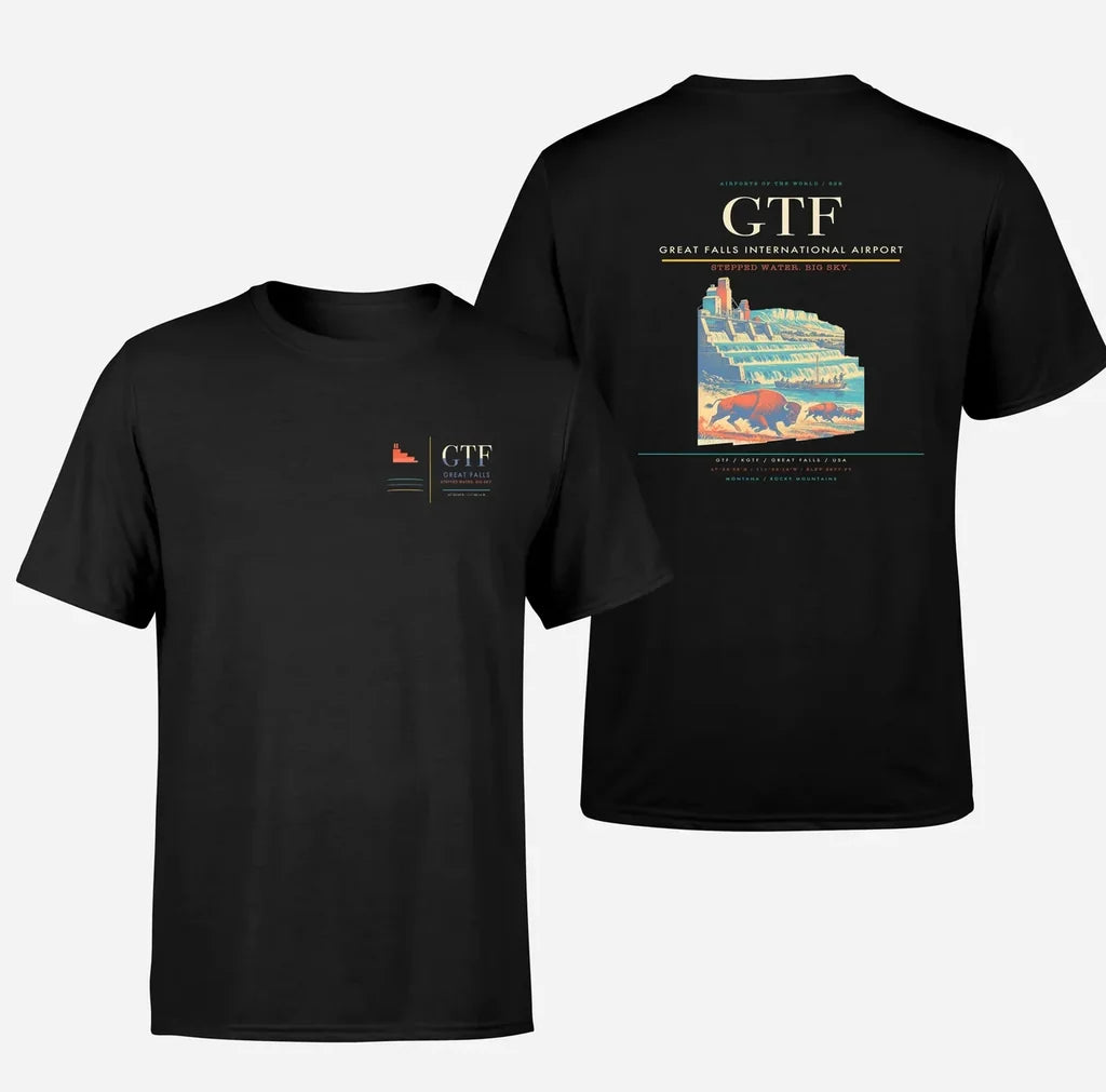 Great Falls International Airport (GTF) design printed on black double-side t-shirt