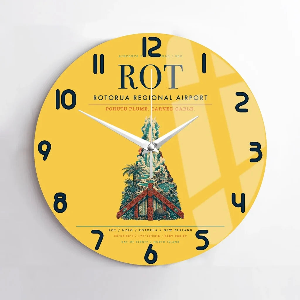 Rotorua Regional Airport (ROT) design on yellow no frame wall clock