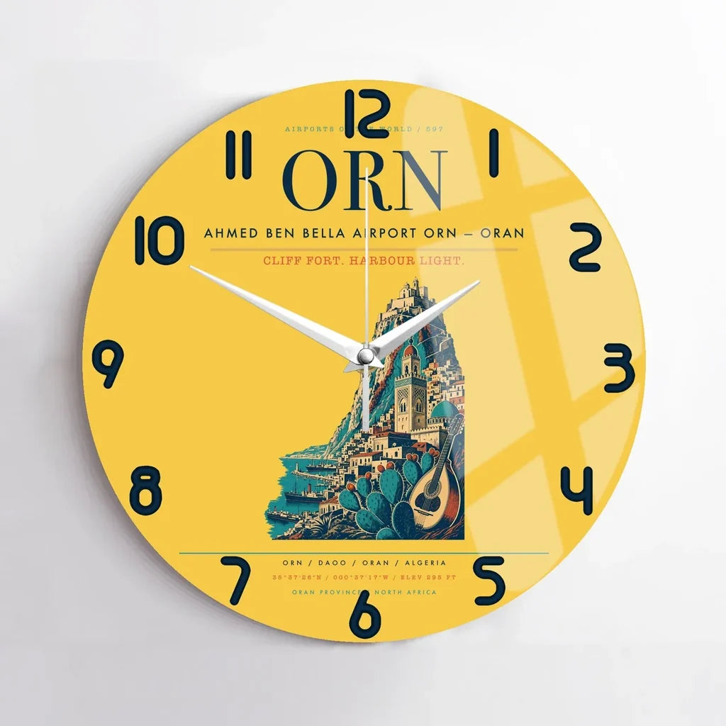 Ahmed Ben Bella Airport (ORN) design on yellow no frame wall clock