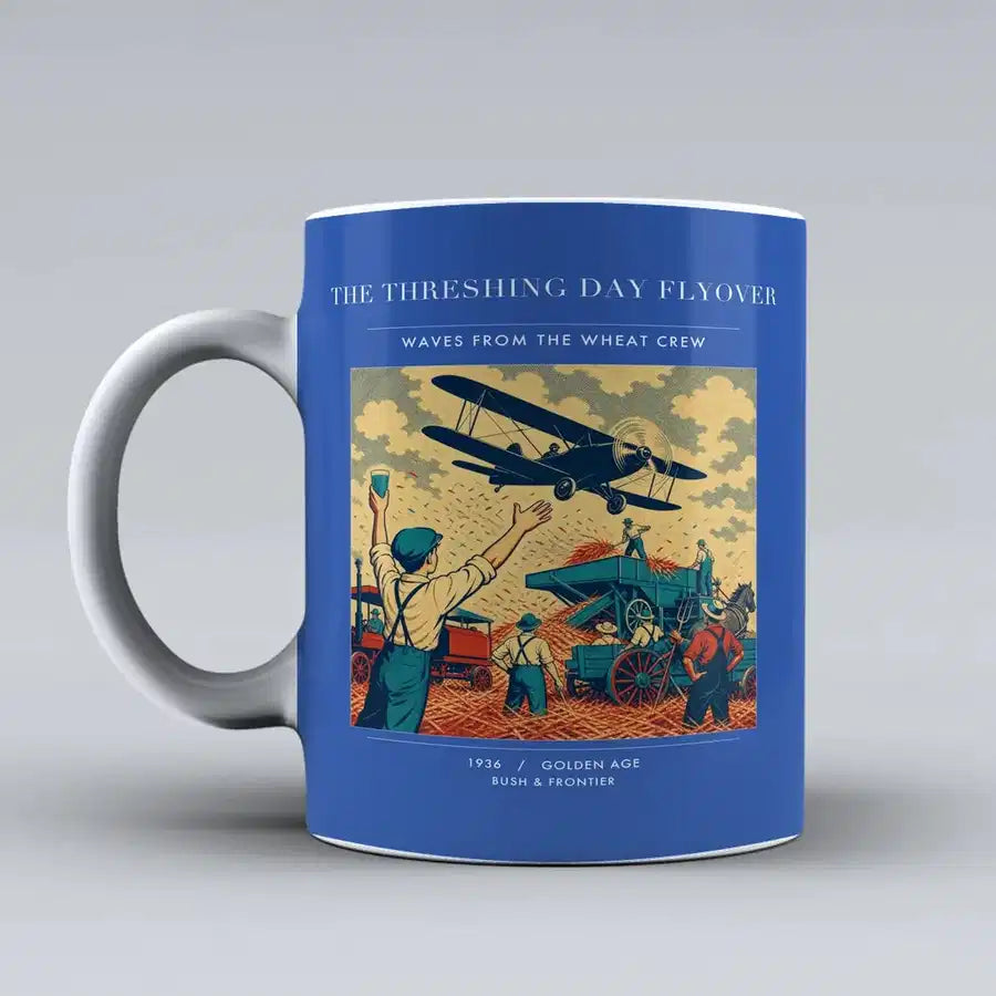VINTAGE G4389 - The Threshing Day Flyover - Ceramic Mug design on blue