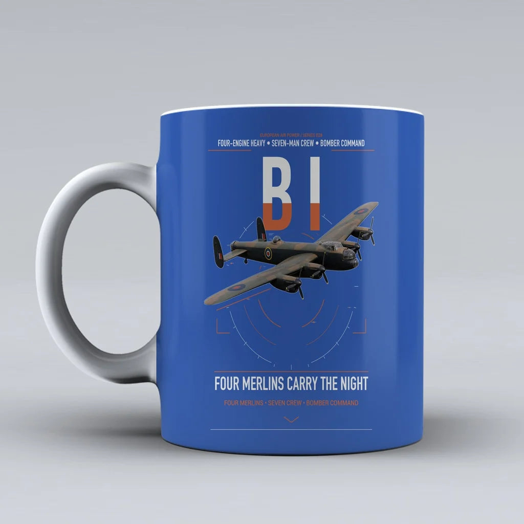Avro Lancaster B I design on blue ceramic mug, double-side print