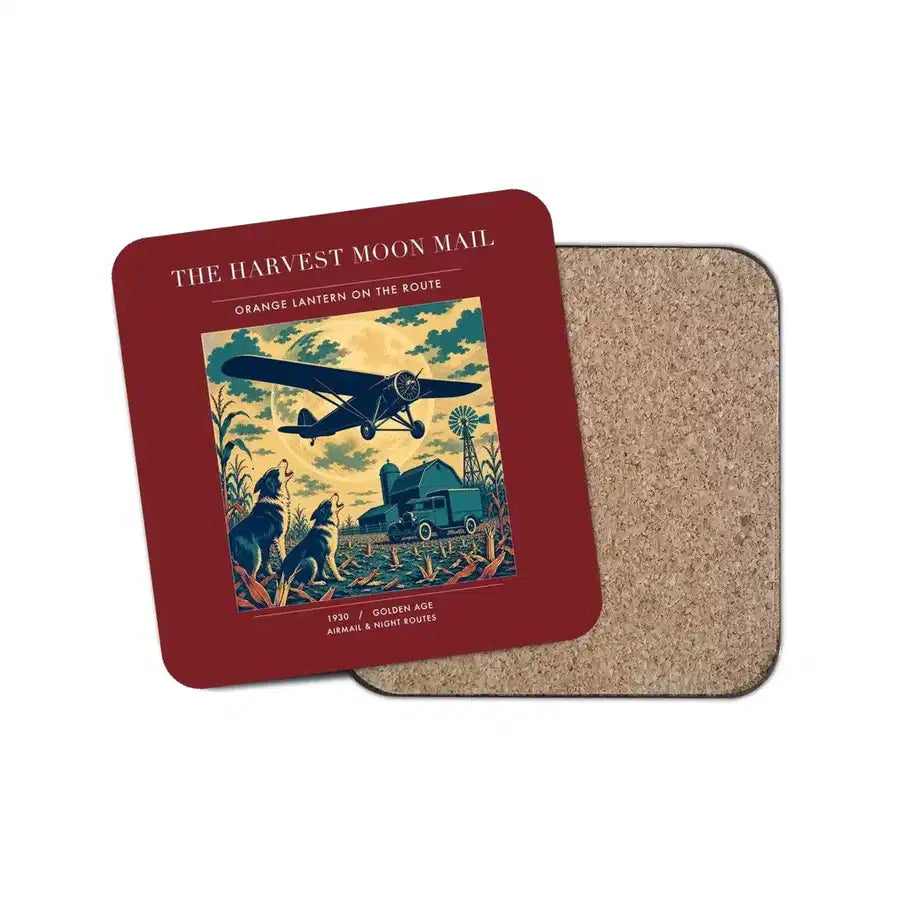 The Harvest Moon Mail - Designed Coasters design on dark red 1-piece