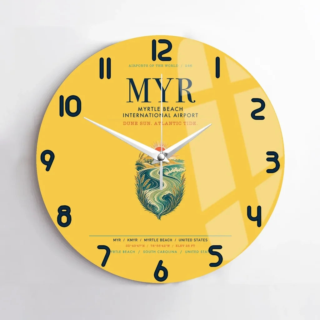 Myrtle Beach International Airport (MYR) design on yellow no frame wall clock