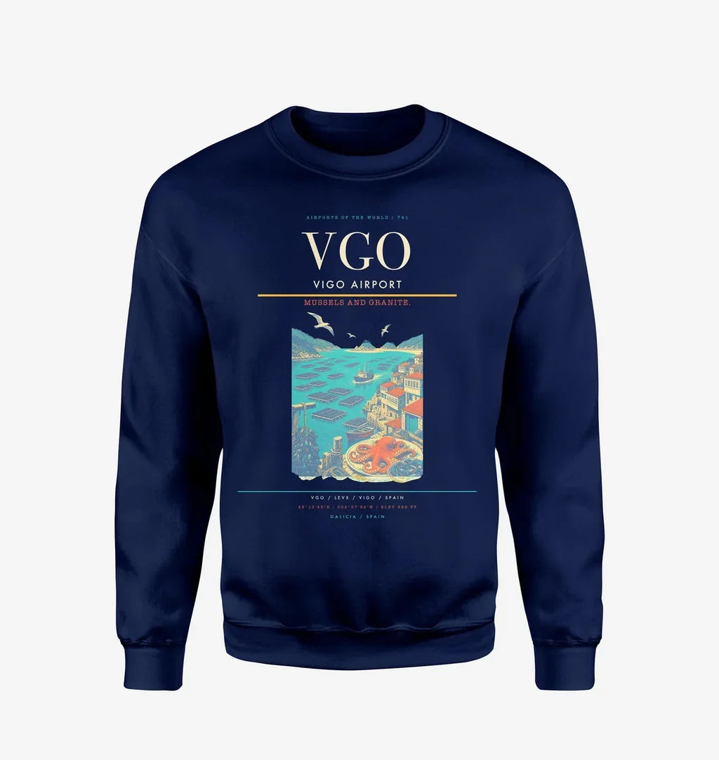 Vigo Airport (VGO) design on navy blue sweatshirt