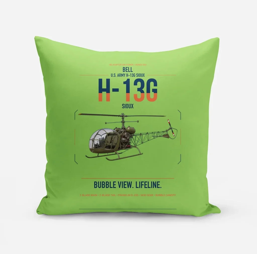 Bell H-13G Sioux design on light green pillow