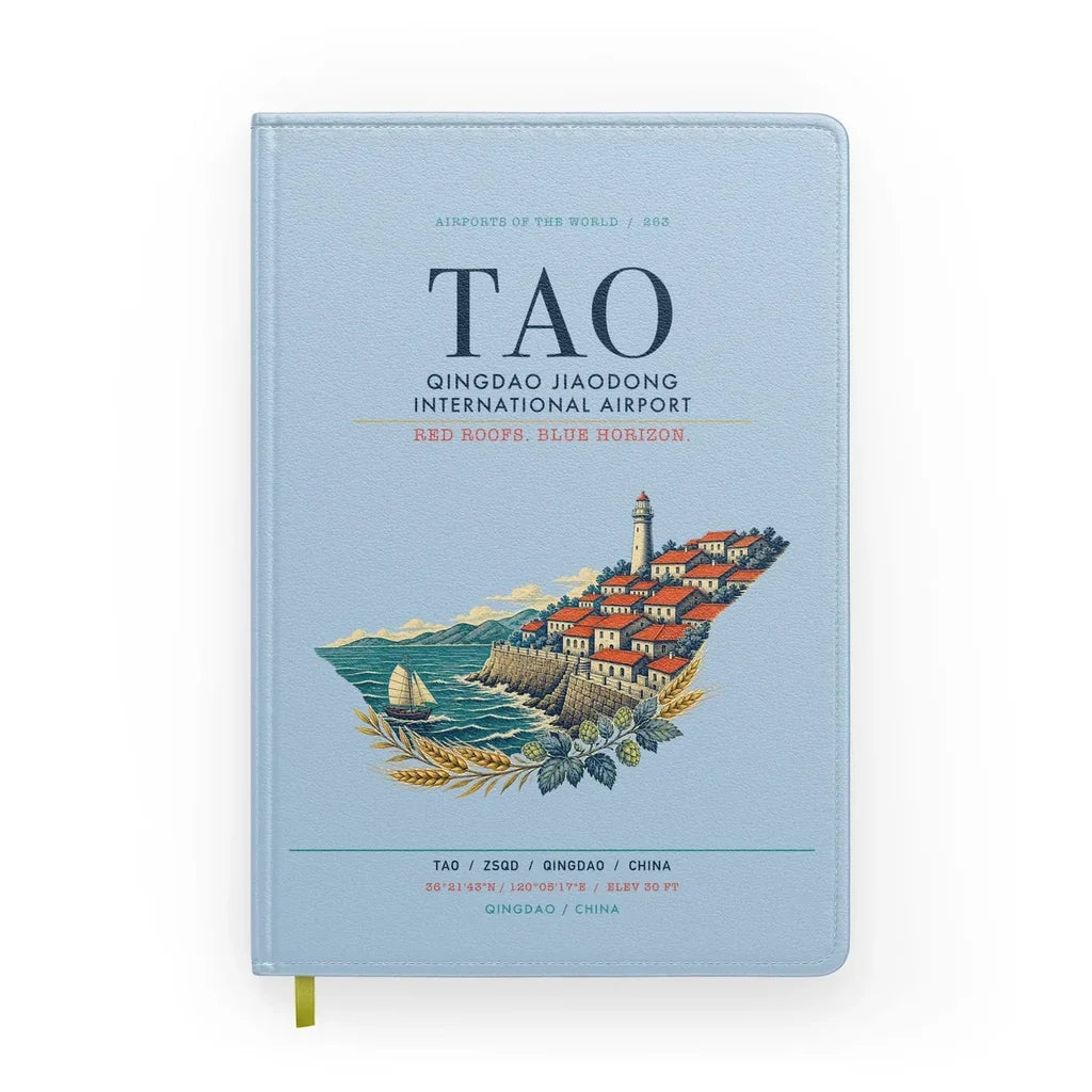 Qingdao Jiaodong International Airport (TAO) design on light blue notebook