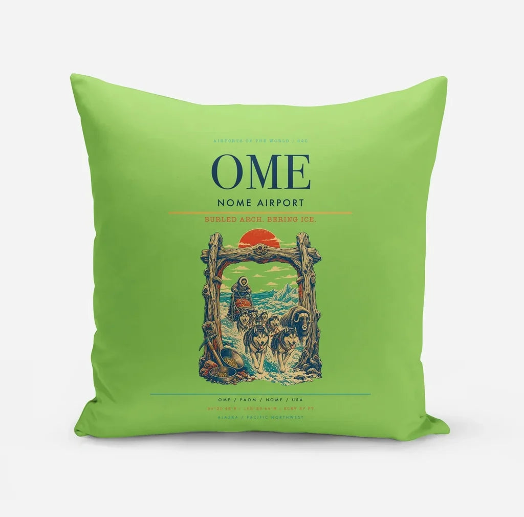 Nome Airport (OME) design on light green pillow