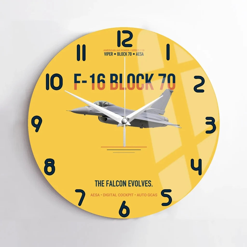 F-16 Block 70 The Falcon Evolves design on yellow no frame wall clock