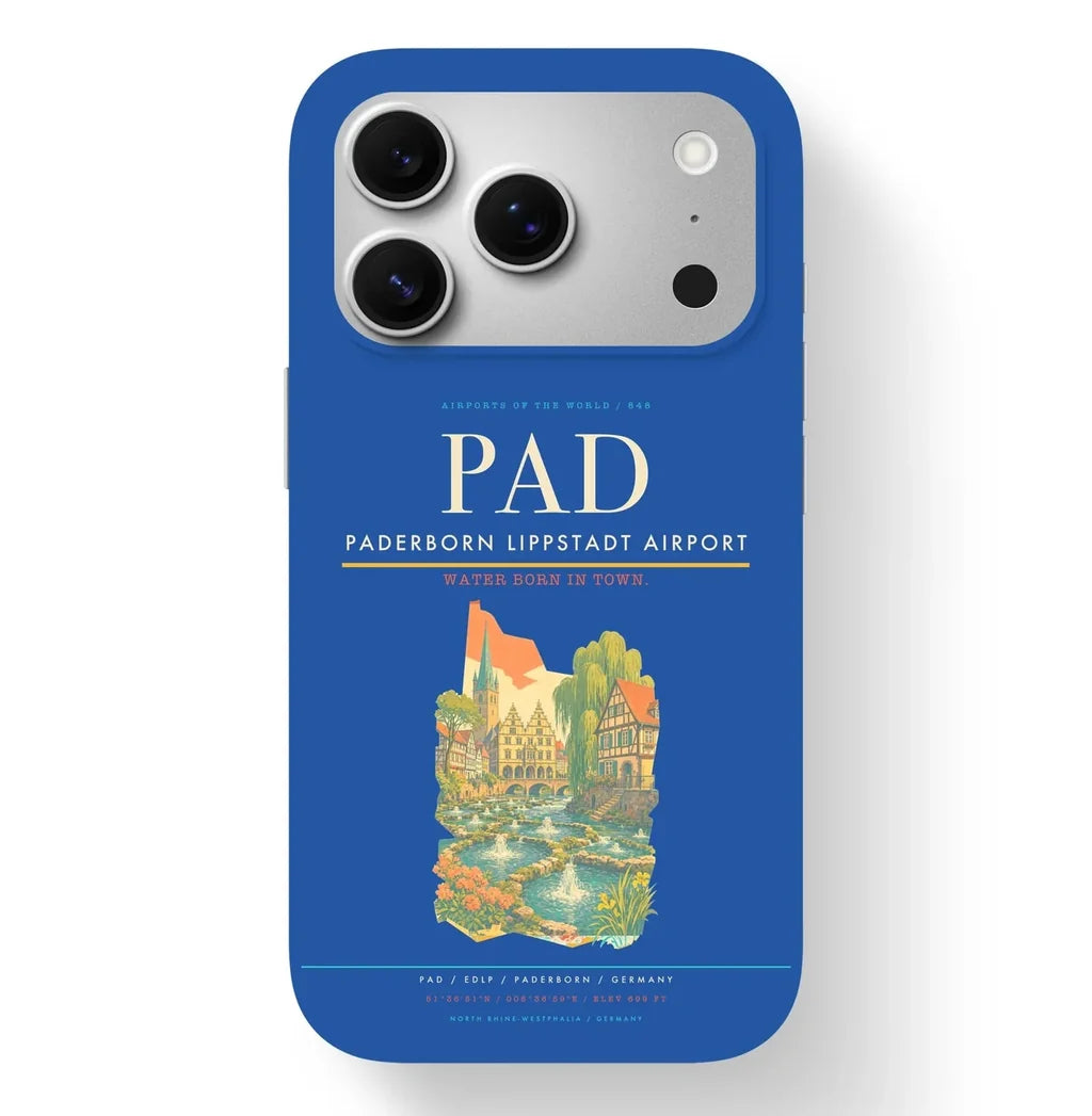 Paderborn Airport (PAD) design on blue iPhone 17 Pro MagSafe case