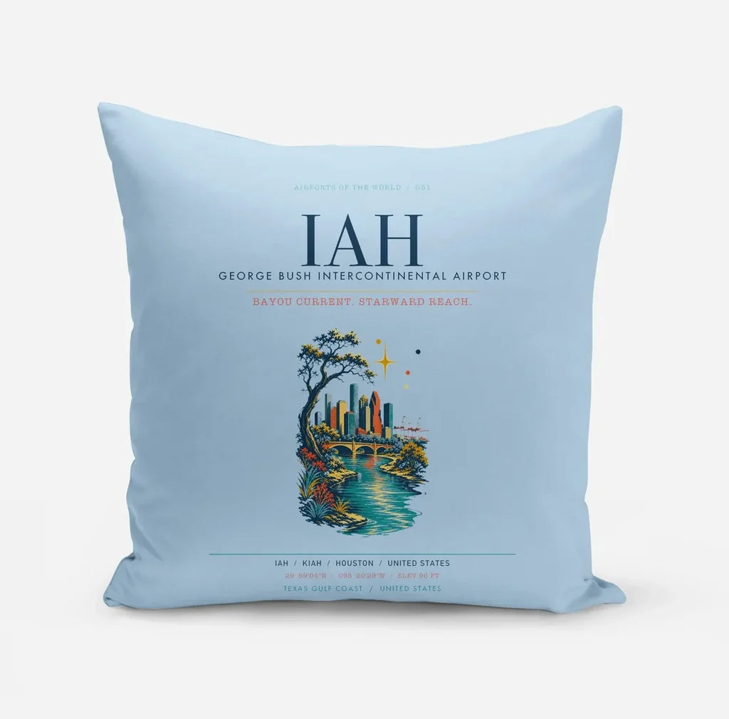 Houston George Bush Intercontinental Airport (IAH) design on light blue pillow