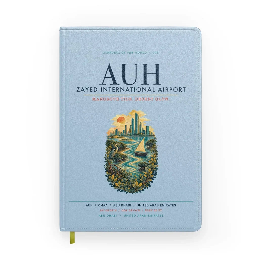 Abu Dhabi Zayed International Airport (AUH) design on light blue notebook