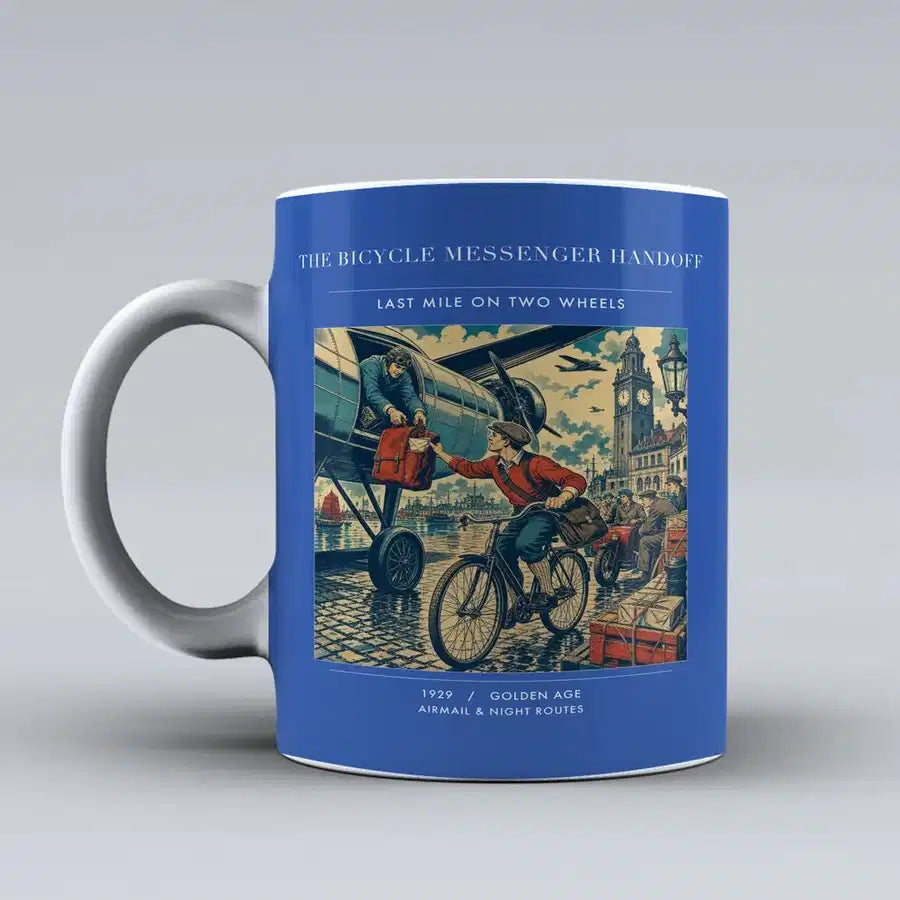 VINTAGE G4311 - The Bicycle Messenger Handoff - Ceramic Mug design on blue