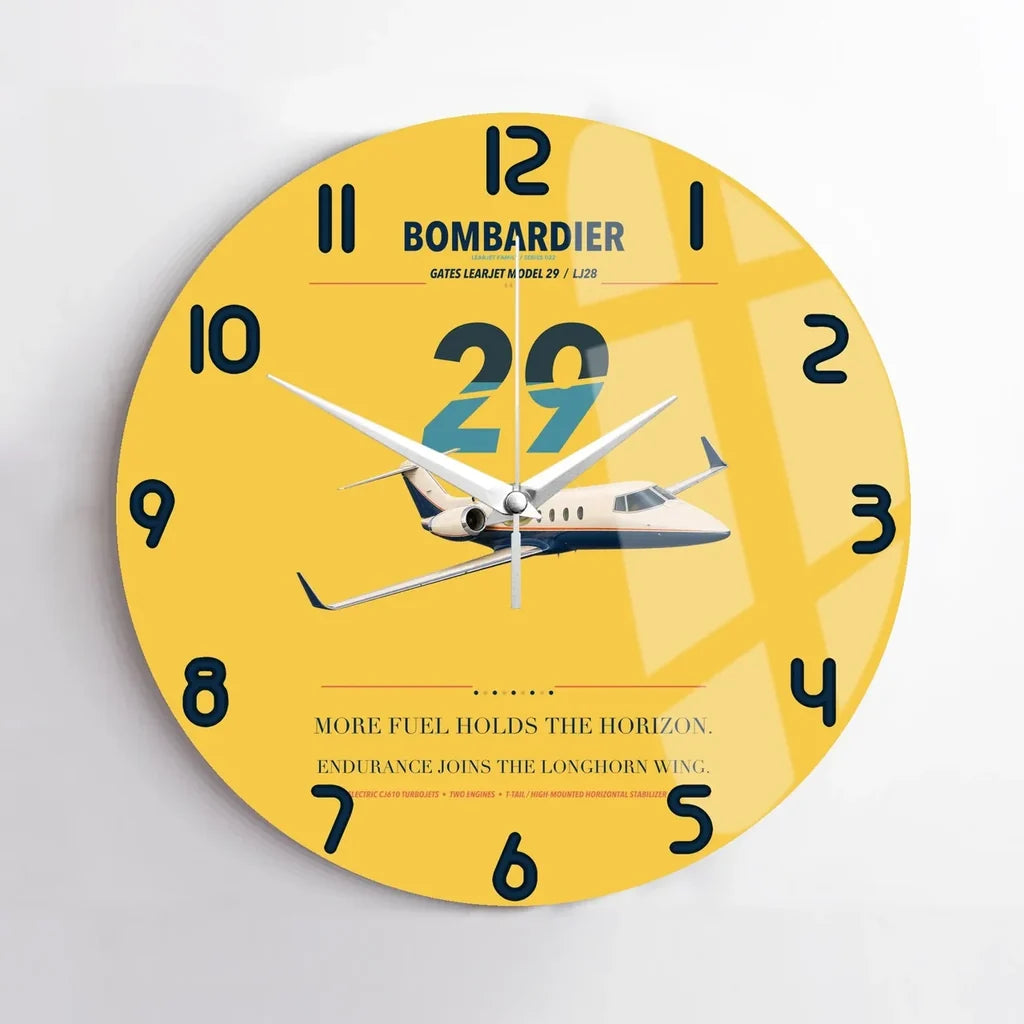 Bombardier Learjet 29 design on yellow no frame wall clock