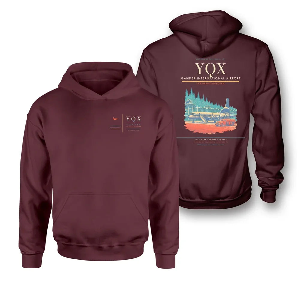 Gander International Airport (YQX) design on dark red double-side hoodie