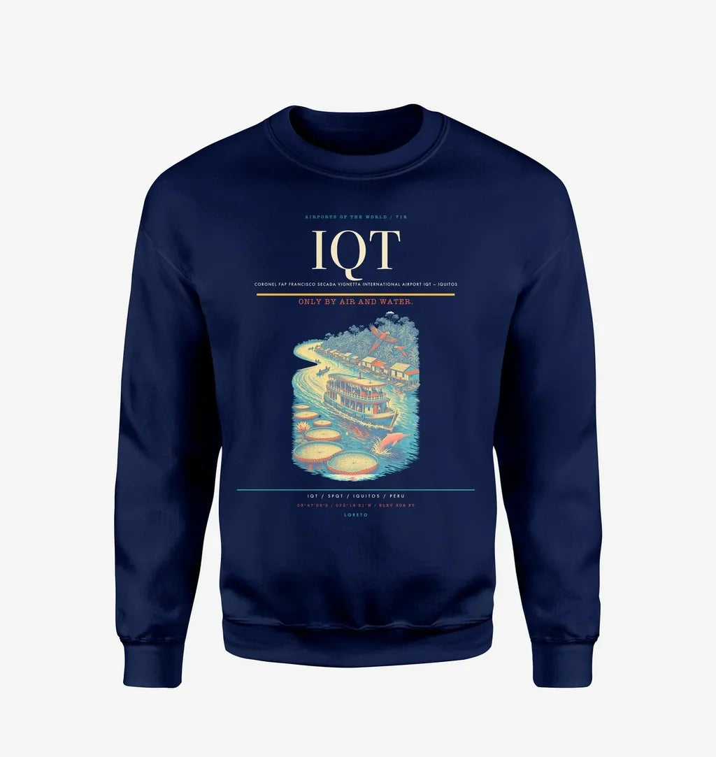 Coronel FAP Francisco Secada Vignetta International Airport (IQT) design on navy blue sweatshirt