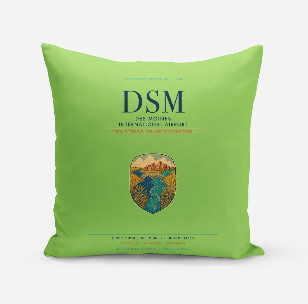 Des Moines International Airport (DSM) design on light green pillow