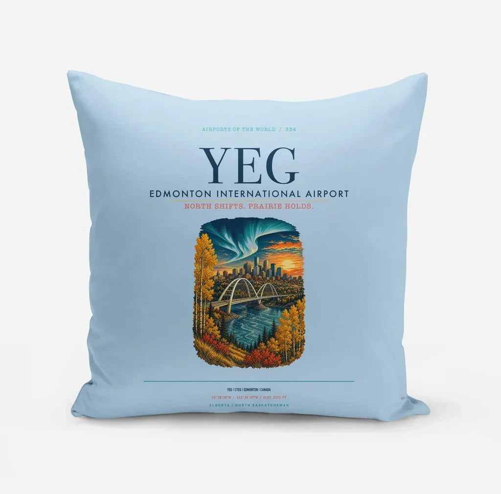 Edmonton International Airport (YEG) design on light blue pillow
