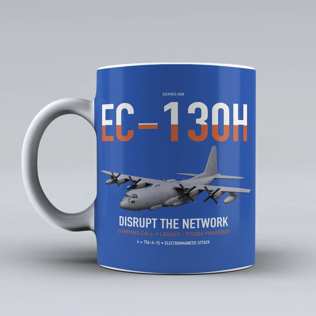 EC-130H Compass Call design on blue ceramic mug, double-side print
