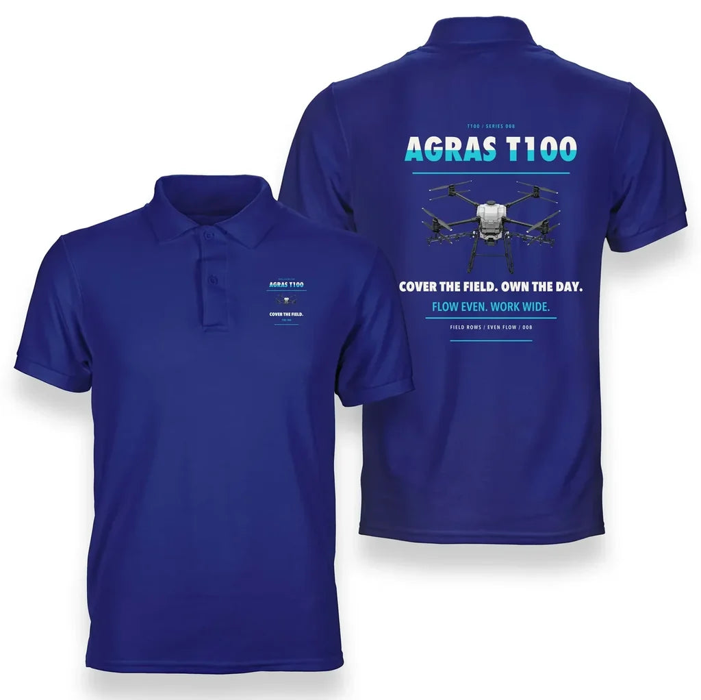 DJI Agras T100 design on blue polo