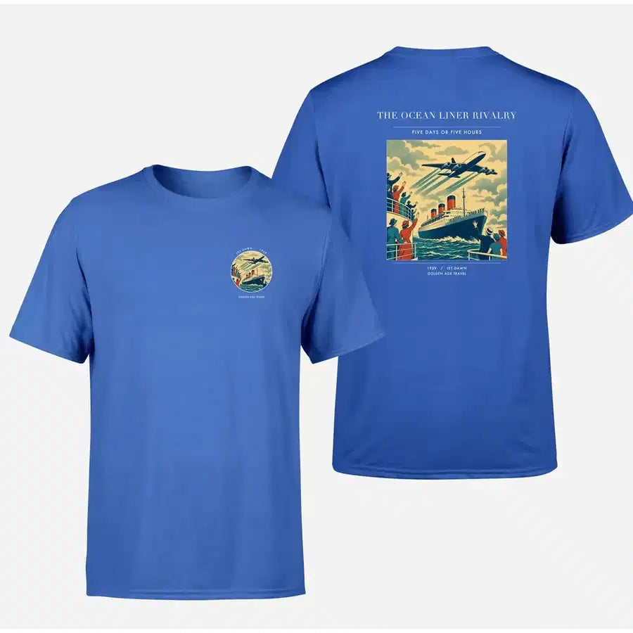 VINTAGE G4307 - The Ocean Liner Rivalry - Double-Side T-Shirt design on blue double side t shirt
